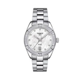 Tissot PR 100 Sport Chic 36mm T101.910.11.116.00 front view – white mother-of-pearl dial, silver 316L stainless steel case, 12 diamond hour indexes, Super-LumiNova® hands, date window, grey stainless steel bracelet