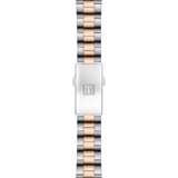 Tissot PR 100 Sport Chic 36mm T101.910.22.116.00 bracelet detail – two-tone grey and rose gold PVD stainless steel bracelet with folding clasp and push-button safety