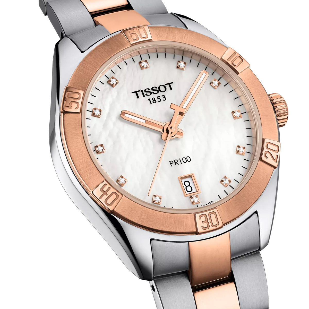 Tissot PR 100 Sport Chic 36mm T101.910.22.116.00 front view – white mother-of-pearl dial, two-tone grey and rose gold PVD stainless steel case, 12 diamond hour indexes, Super-LumiNova® hands, date window, two-tone bracelet