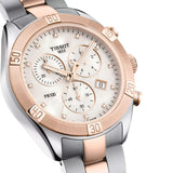 Tissot PR 100 Sport Chic Chronograph 38mm T101.917.22.116.00 front view – white mother-of-pearl dial with diamond indexes, two-tone grey and rose gold PVD stainless steel case, chronograph subdials, date window, two-tone bracelet