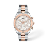 Tissot PR 100 Sport Chic Chronograph 38mm T101.917.22.116.00 front view – white mother-of-pearl dial with diamond indexes, two-tone grey and rose gold PVD stainless steel case, chronograph subdials, date window, two-tone bracelet