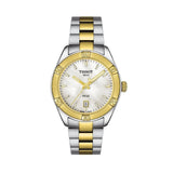 Tissot PR 100 Sport Chic 36mm T101.910.22.111.00 front view – white mother-of-pearl dial, two-tone yellow gold and steel case, index hour markers, date window, two-tone stainless steel bracelet