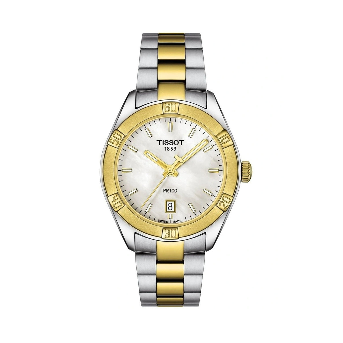 Tissot PR 100 Sport Chic 36mm T101.910.22.111.00 front view – white mother-of-pearl dial, two-tone yellow gold and steel case, index hour markers, date window, two-tone stainless steel bracelet