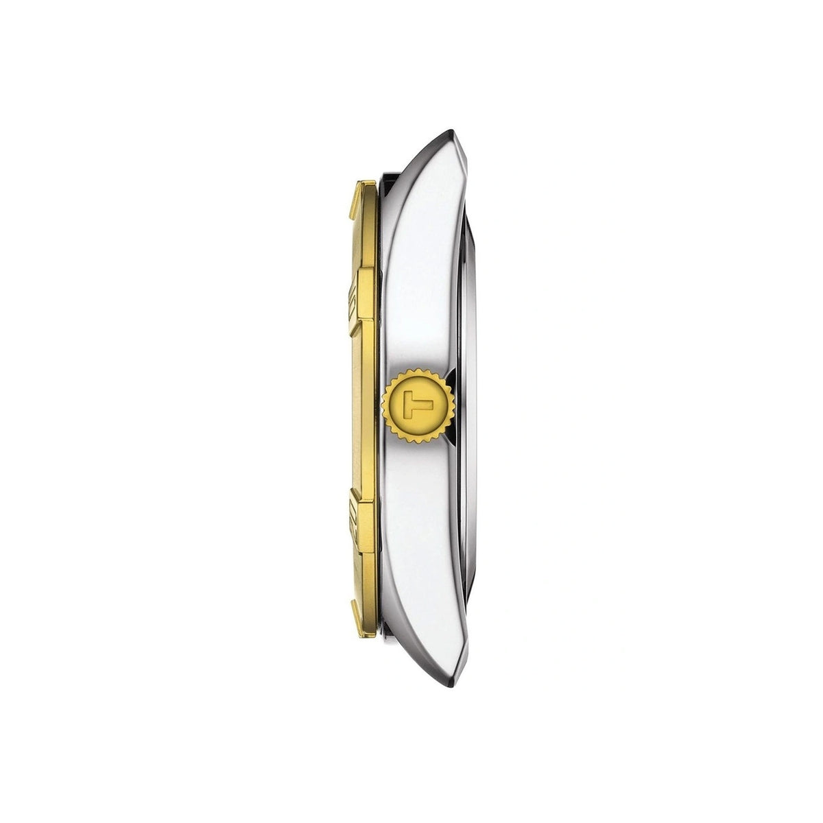 Tissot PR 100 Sport Chic 36mm T101.910.22.111.00 side profile – two-tone yellow gold PVD and steel case, sapphire crystal, slim 9mm profile, two-tone bracelet