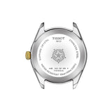 Tissot PR 100 Sport Chic 36mm T101.910.22.111.00 caseback view – 316L stainless steel with yellow gold PVD coating, Swiss made, water resistant to 100m, model reference T101.910.22.111.00