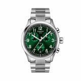 Tissot Chrono XL Quartz Chronograph men’s 42mm watch featuring a green dial, stainless steel case, chronograph subdials and matching stainless steel bracelet.
