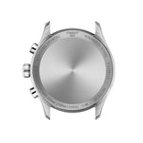 Rear view of the Tissot Chrono XL Quartz Chronograph watch showing the stainless steel case back with engraved Swiss Made details.