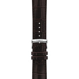 Close-up of the Tissot Chrono L 42mm T116.417.16.042.00 brown textured leather strap with stainless steel pin buckle