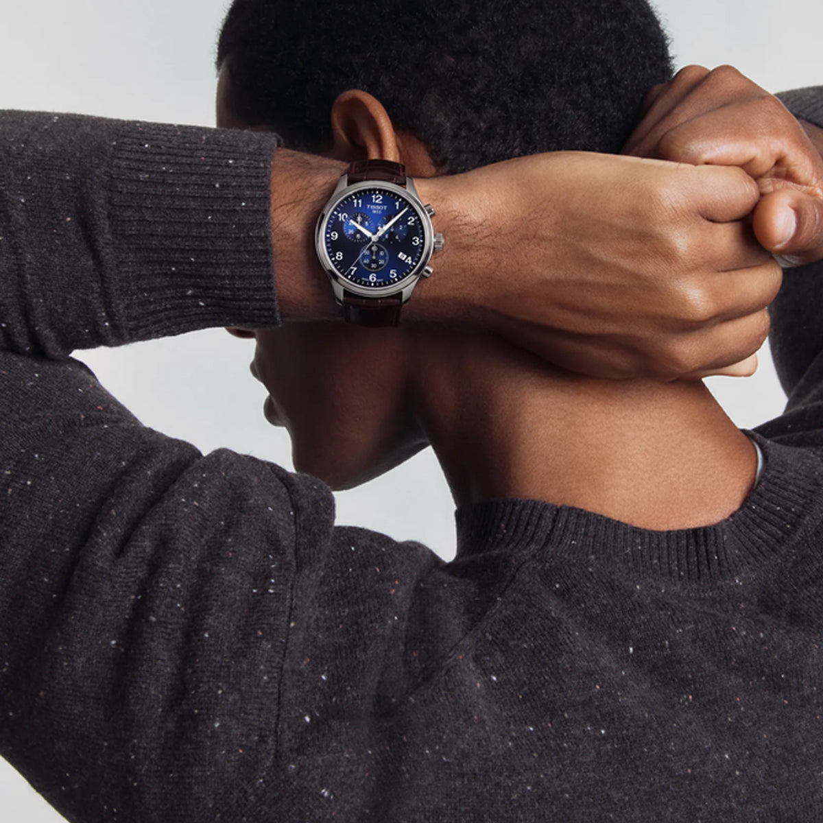 Tissot Chrono XL Classic 45mm T116.617.16.047.00 worn on wrist – blue chronograph dial, stainless steel case, brown leather strap, bold 45mm quartz chronograph shown on wrist