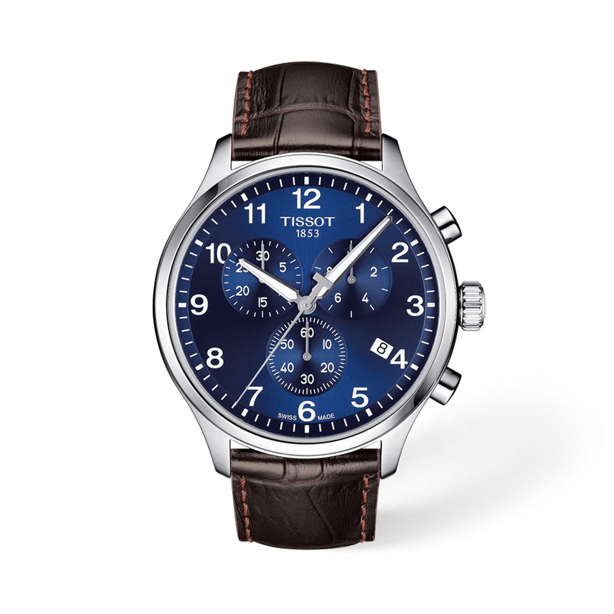 Tissot Chrono XL Classic 45mm T116.617.16.047.00 front view – blue sunburst dial, 316L stainless steel case, Arabic numerals and index hour markers, Super-LumiNova® hands, chronograph subdials, date window, brown leather strap