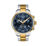 Tissot Chrono XL Classic 45mm T116.617.22.041.00 front view – blue dial, two-tone grey and gold PVD stainless steel case, index hour markers, Super-LumiNova® hands, chronograph subdials, date window, two-tone bracelet