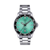 Tissot Seastar 1000 40mm T120.410.11.091.00 front view – turquoise dial, silver stainless steel case, mineral bezel ring with anti-clockwise rotating bezel, index hour markers, grey stainless steel bracelet
