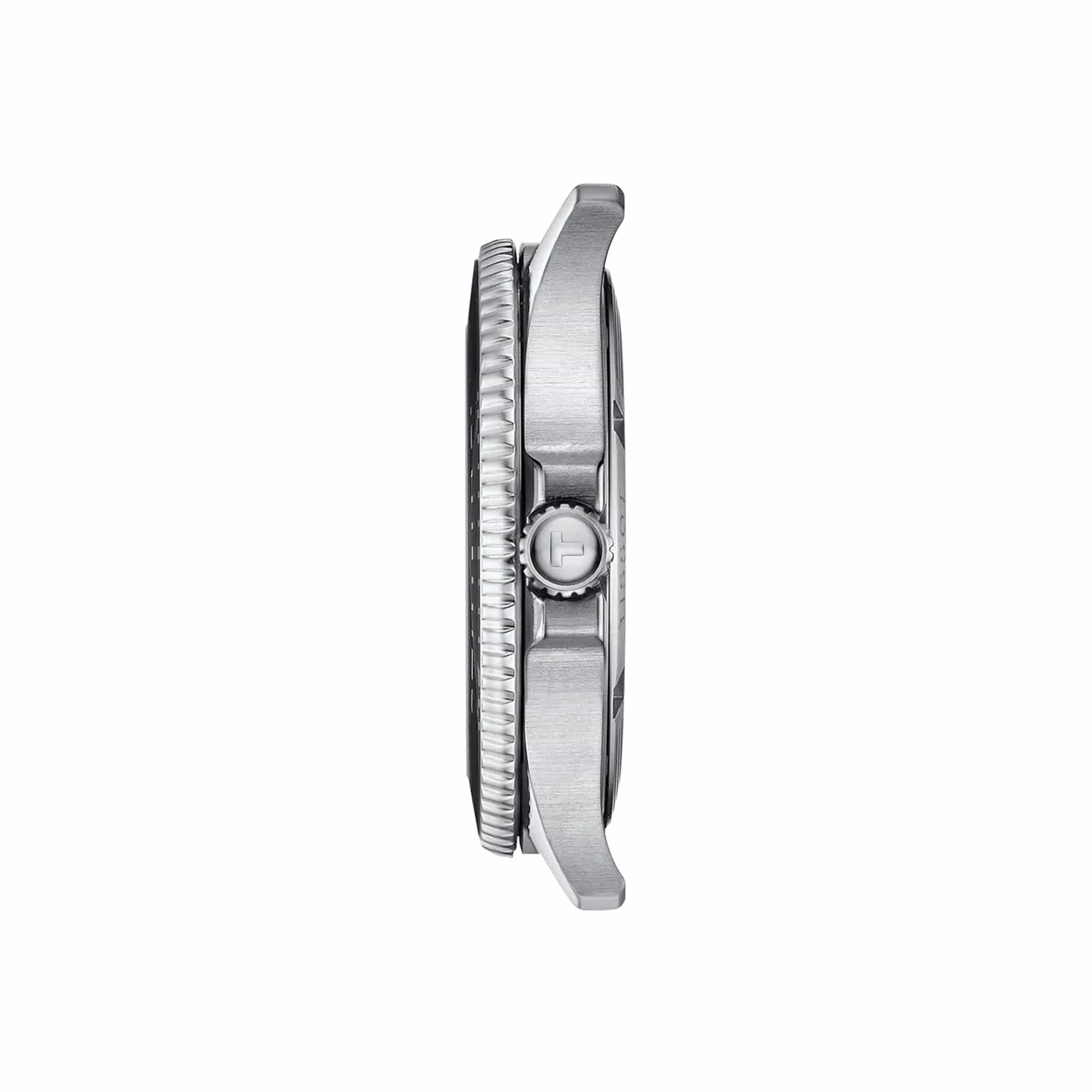 Tissot Seastar 1000 40mm T120.410.11.091.00 side profile – 316L stainless steel case, screw-down crown, sapphire crystal with double antireflective coating, grey stainless steel bracelet