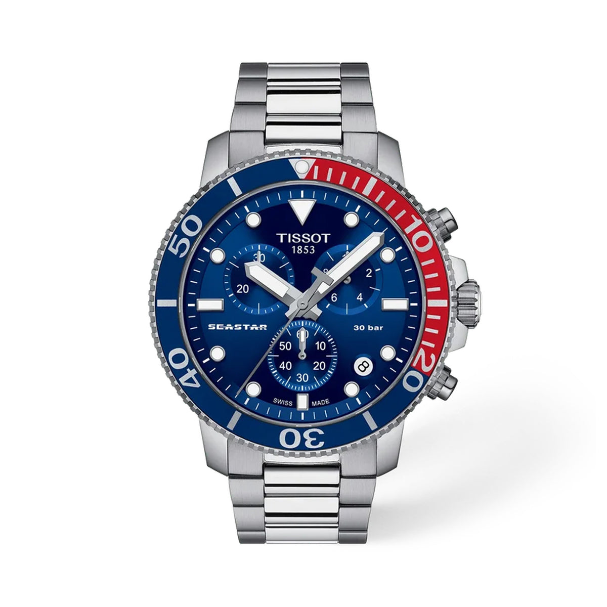 Tissot Seastar 1000 45.5mm T120.417.11.041.03 front view – blue sunburst dial, 316L stainless steel case, red and blue uni-directional rotating bezel, Super-LumiNova® indexes and hands, chronograph subdials, date window, steel mesh bracelet