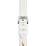 Tissot Seastar 1000 Wilson WNBA 40mm T120.807.17.051.00 strap detail – white embossed synthetic strap made from Wilson WNBA Evo-NXT premium composite game ball material; second strap included, both with standard buckle and quick-release system