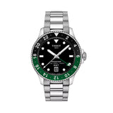 Tissot Seastar 1000 GMT 40mm T120.852.11.051.00 front view – black dial, silver stainless steel case, mineral bezel ring with 24-hour GMT scale, Super-LumiNova® index markers, date window, grey stainless steel bracelet