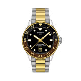 Tissot Seastar 1000 GMT 40mm T120.852.22.051.00 front view – black dial, two-tone grey and gold PVD stainless steel case, mineral bezel ring with 24-hour GMT scale, Super-LumiNova® index markers, date window, two-tone bracelet
