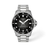 Tissot Seastar 2000 44mm T120.907.11.051.00 front view – grey gradient dial, silver stainless steel case, black ceramic anti-clockwise rotating bezel, Super-LumiNova® hour markers, grey stainless steel bracelet