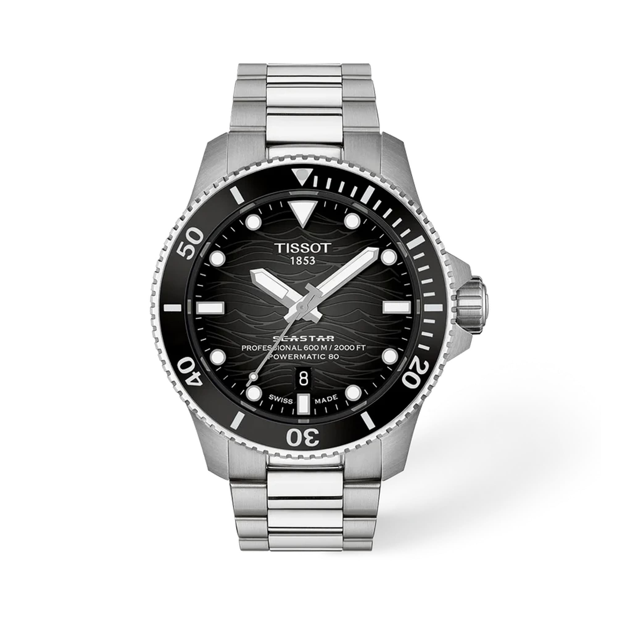 Tissot Seastar 2000 44mm T120.907.11.051.00 front view – grey gradient dial, silver stainless steel case, black ceramic anti-clockwise rotating bezel, Super-LumiNova® hour markers, grey stainless steel bracelet