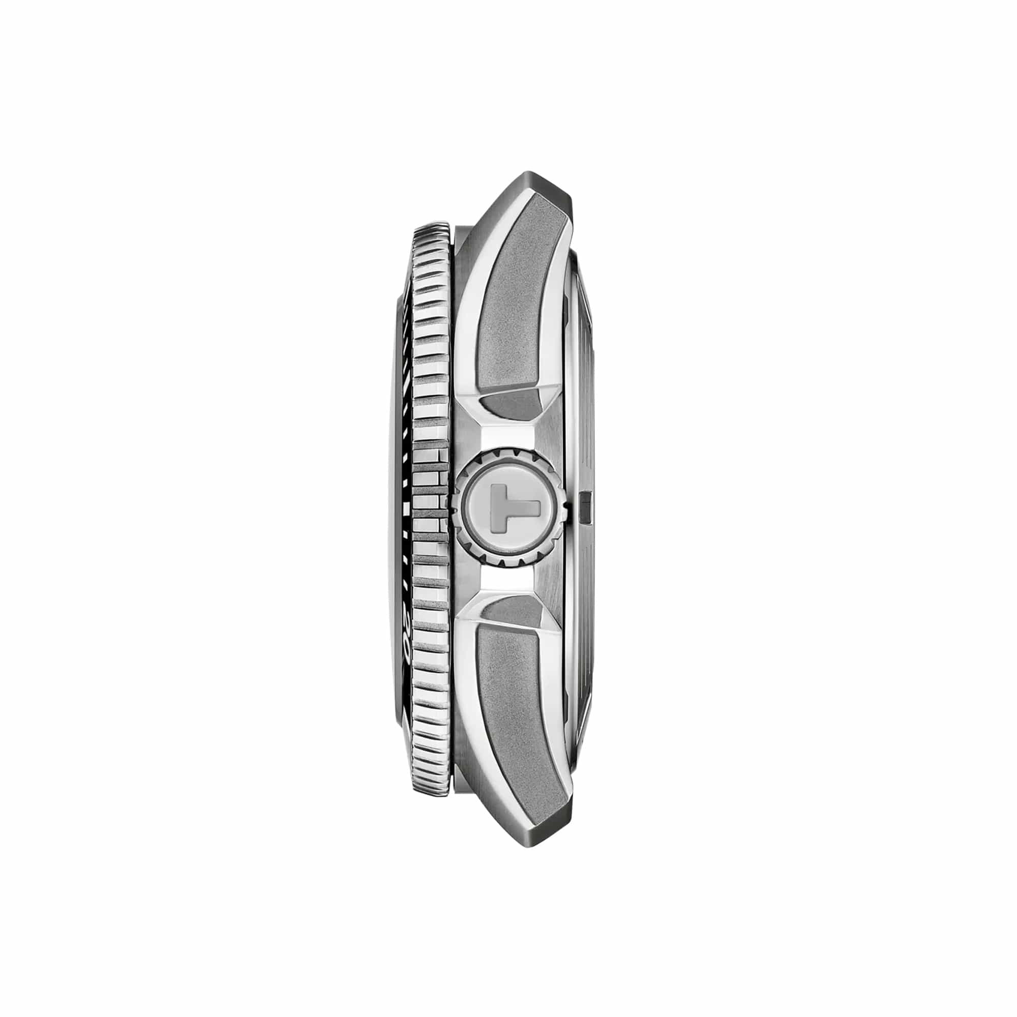 Tissot Seastar 2000 44mm T120.907.11.051.00 side profile – 316L stainless steel case, screw-down crown with helium escape valve, sapphire crystal, grey stainless steel bracelet