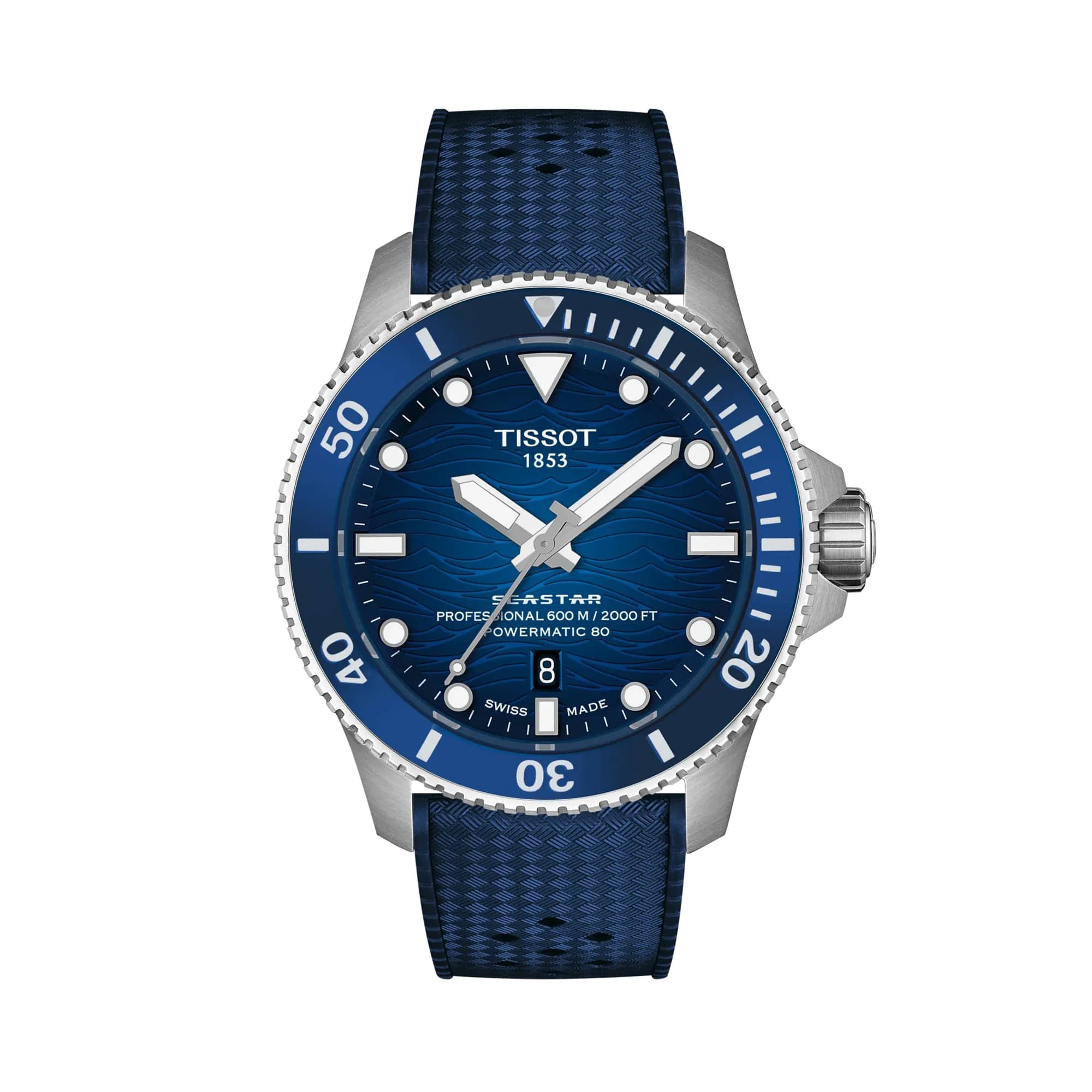 Tissot Seastar 2000 44mm T120.907.17.041.00 front view – blue gradient dial, silver stainless steel case, blue ceramic anti-clockwise rotating bezel, Super-LumiNova® hour markers, blue rubber strap