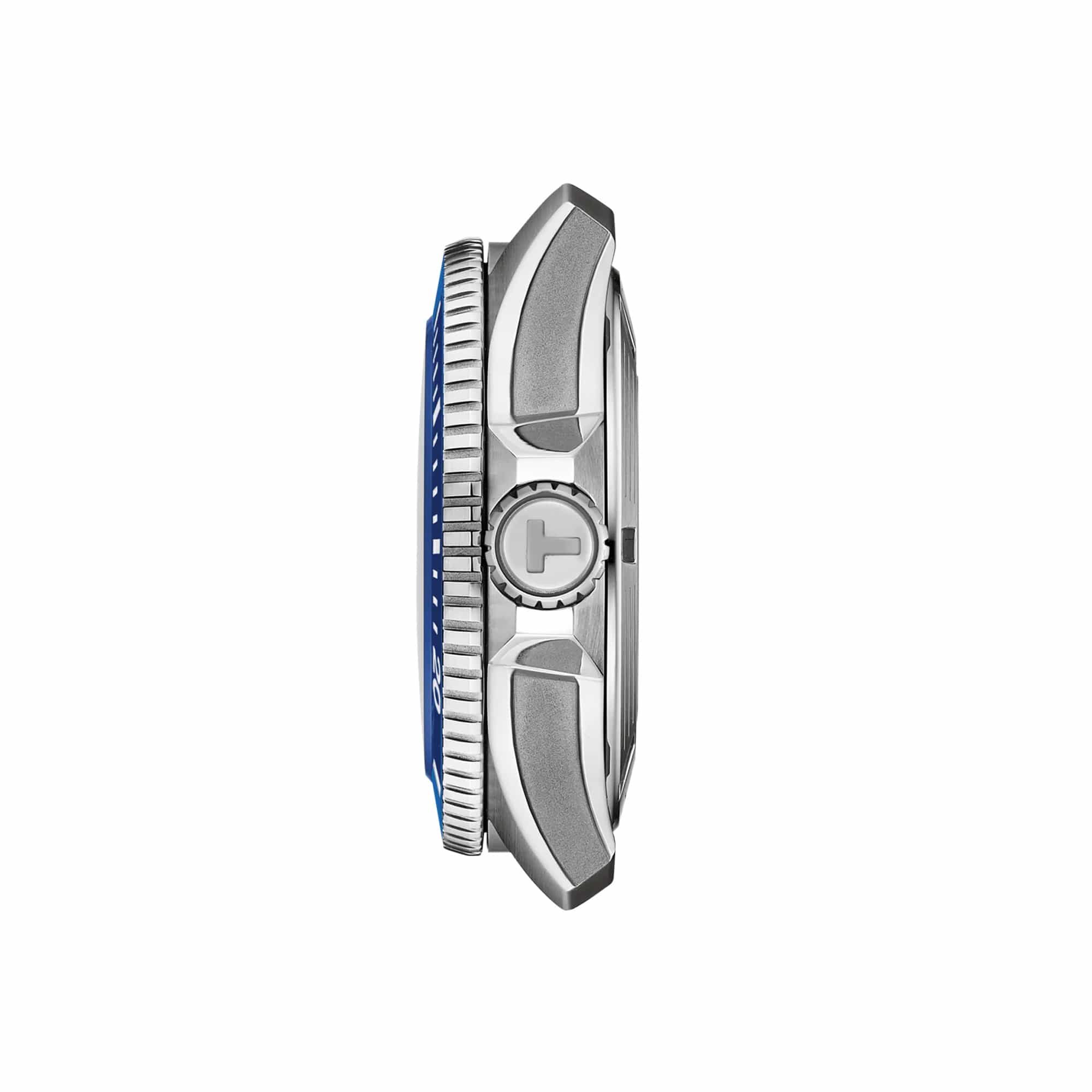 Tissot Seastar 2000 44mm T120.907.17.041.00 side profile – 316L stainless steel case, screw-down crown with helium escape valve, sapphire crystal, blue rubber strap