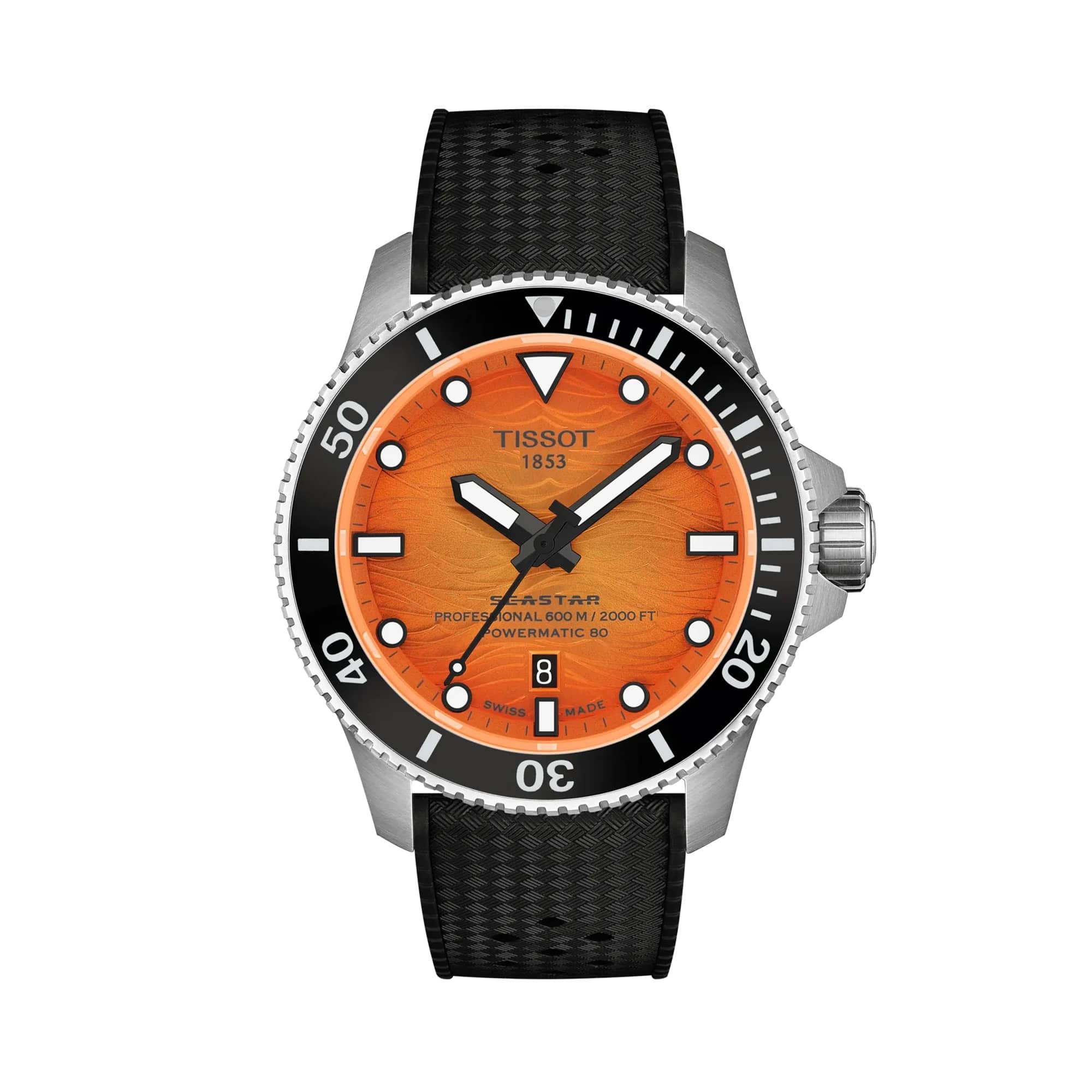 Tissot Seastar 2000 44mm T120.907.17.281.00 front view – orange dial, silver stainless steel case, black ceramic anti-clockwise rotating bezel, Super-LumiNova® hour markers, black rubber strap