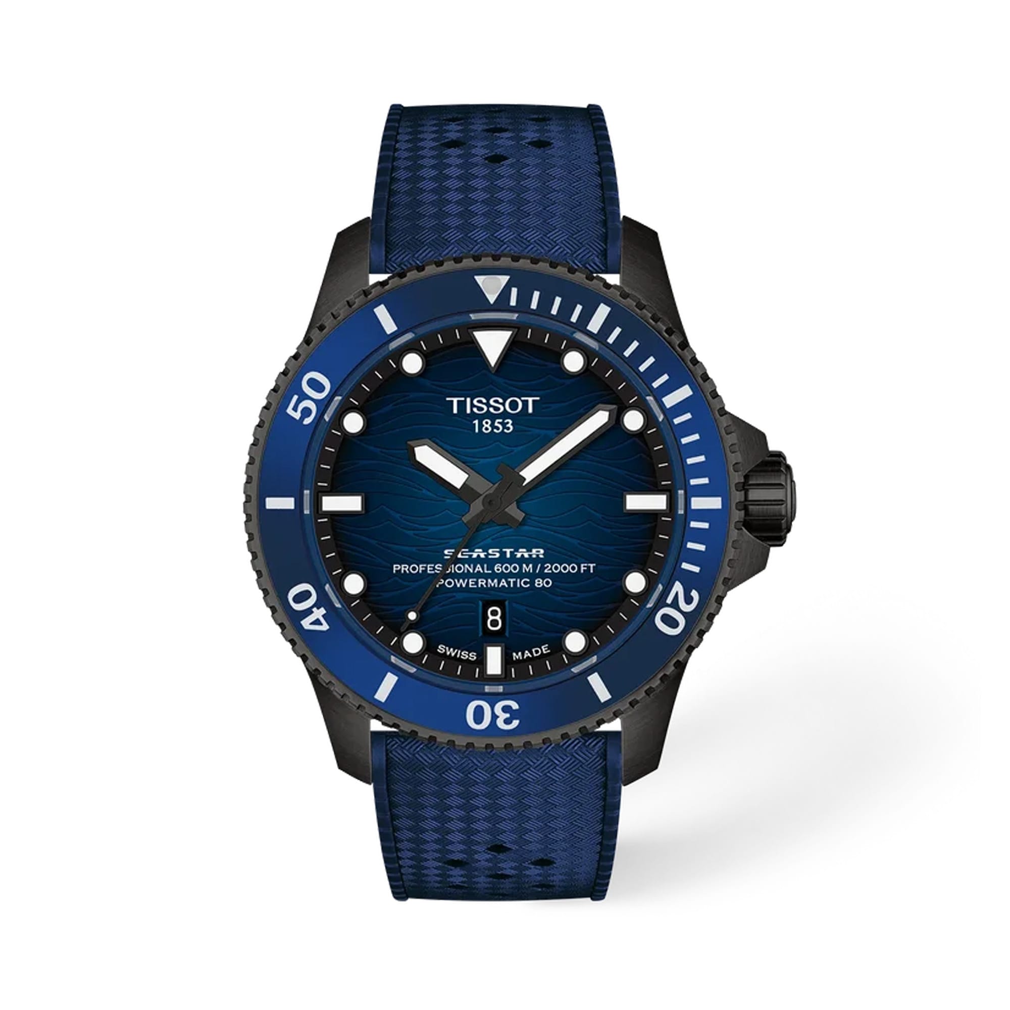 Tissot Seastar 2000 44mm T120.907.37.041.00 front view – blue gradient dial, blue PVD stainless steel case, blue ceramic anti-clockwise rotating bezel, Super-LumiNova® hour markers, blue rubber strap
