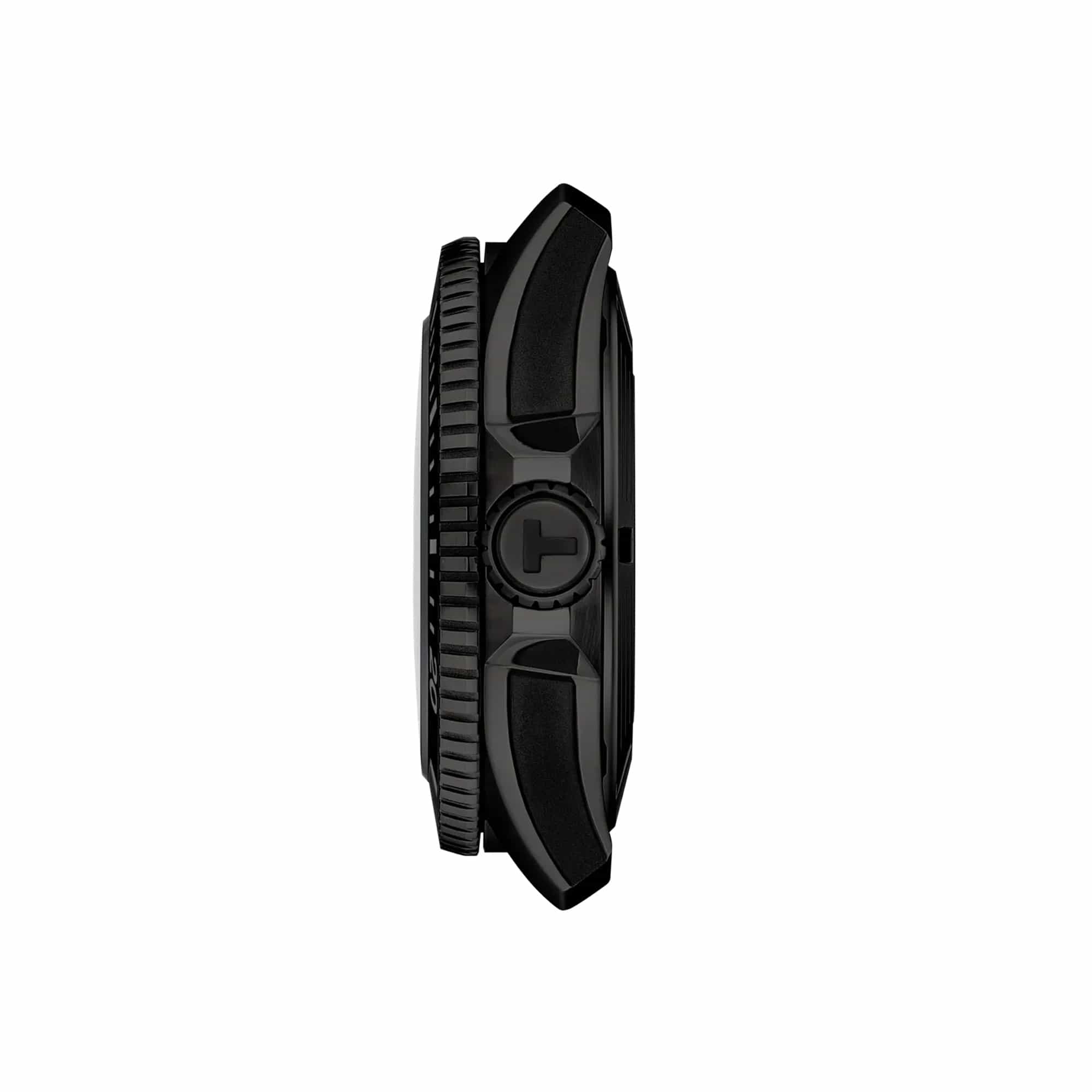 Tissot Seastar 2000 44mm T120.907.37.051.00 side profile – black PVD stainless steel case, screw-down crown with helium escape valve, sapphire crystal, black rubber strap