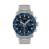 Tissot Supersport Chrono 42mm T125.417.11.041.00 front view – blue dial, 316L stainless steel case, aluminium bezel ring, index hour markers, Super-LumiNova® needle hands, chronograph subdials, date window, grey steel bracelet