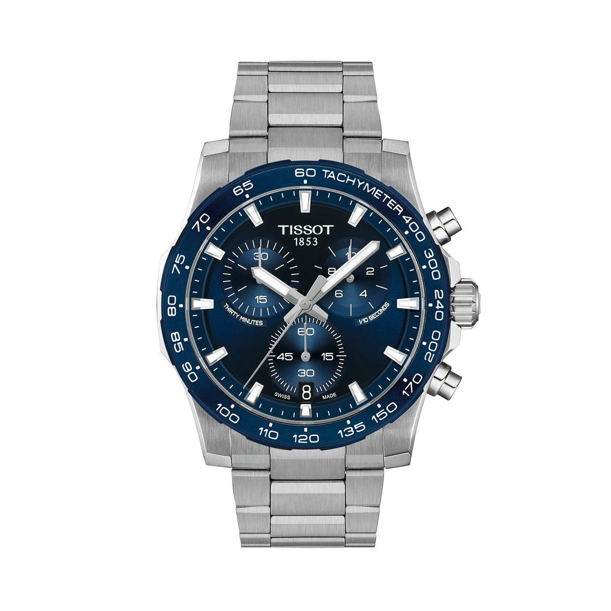 Tissot Supersport Chrono 42mm T125.417.11.041.00 front view – blue dial, 316L stainless steel case, aluminium bezel ring, index hour markers, Super-LumiNova® needle hands, chronograph subdials, date window, grey steel bracelet