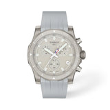 Tissot Supersport NBA 2026 42mm T125.417.17.031.00 front view – grey dial, 316L stainless steel case, bezel with 24-second shot clock markers, chronograph subdials, date at 4 o’clock, miniature NBA logo on central seconds hand, grey rubber strap