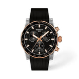 Tissot Supersport Chrono 42mm T125.417.27.051.00 front view – black dial, bicolour rose gold PVD stainless steel case, aluminium bezel ring, chronograph subdials, Super-LumiNova® hands, date window, silicone strap