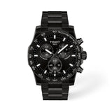 Tissot Supersport Chrono 42mm T125.417.33.051.00 front view – black dial, black PVD stainless steel case, aluminium bezel ring, chronograph subdials, Super-LumiNova® hands, date window, stainless steel bracelet