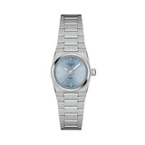 Tissot PRX 25mm T137.010.11.351.00 front view – ice blue dial, silver 316L stainless steel case, index hour markers, Super-LumiNova® hands, date window, integrated grey stainless steel bracelet