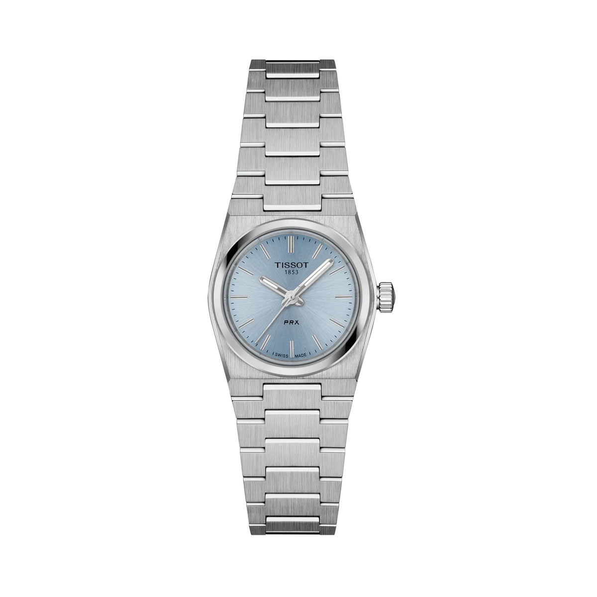 Tissot PRX 25mm T137.010.11.351.00 front view – ice blue dial, silver 316L stainless steel case, index hour markers, Super-LumiNova® hands, date window, integrated grey stainless steel bracelet