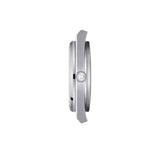 Tissot PRX 40mm T137.410.11.401.00 side profile – slim silver stainless steel case, sapphire crystal, integrated bracelet with smooth 1970s-inspired profile