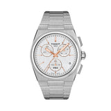 Tissot PRX Chronograph 41mm T137.417.11.031.00 front view – silver dial, 316L stainless steel case, index hour markers, needle-shaped Super-LumiNova® hands, chronograph subdials, date window, integrated stainless steel bracelet