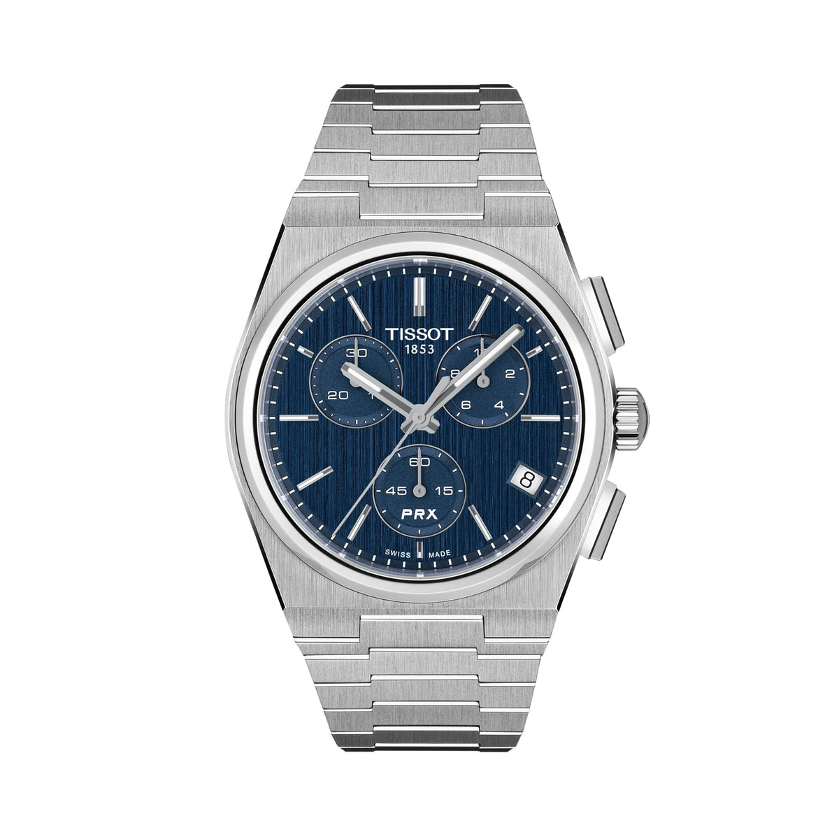 Tissot PRX Chronograph 41mm T137.417.11.041.00 front view – blue dial, 316L stainless steel case, index hour markers, needle-shaped Super-LumiNova® hands, chronograph subdials, white date window, integrated stainless steel bracelet