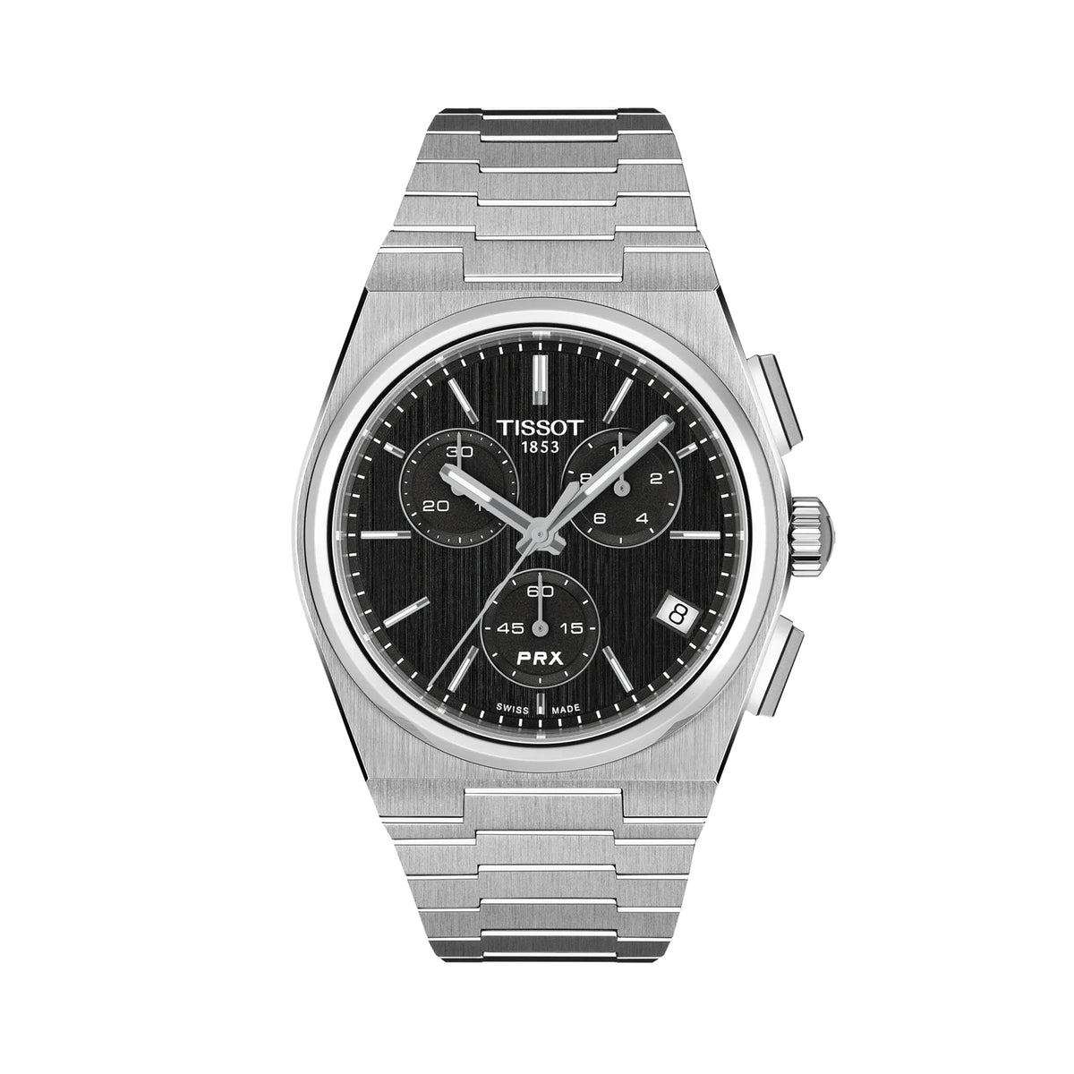 Tissot PRX Chronograph 41mm T137.417.11.051.00 front view – black dial, 316L stainless steel case, index hour markers, needle-shaped Super-LumiNova® hands, chronograph subdials, white date window, integrated stainless steel bracelet