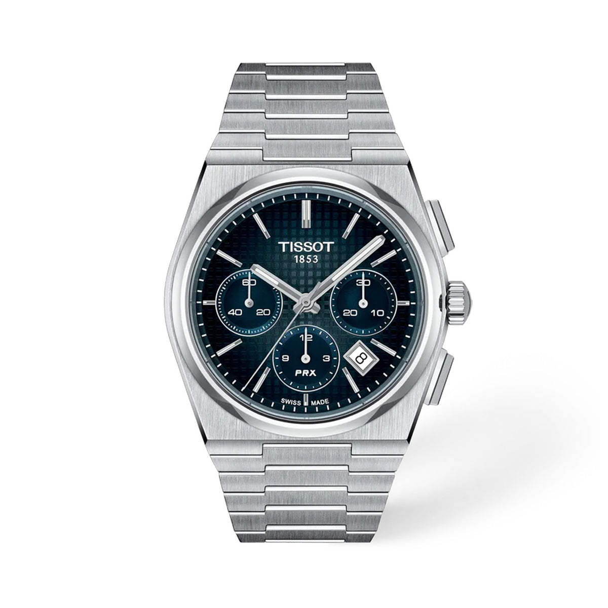 Tissot PRX Automatic Chronograph 42mm T137.427.11.041.01 front view – blue gradient dial, 316L stainless steel case, chronograph subdials, white date window, Super-LumiNova® hands, integrated steel bracelet