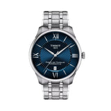 Tissot Chemin des Tourelles 42mm T139.407.11.048.00 front view – blue sunray dial, silver stainless steel case, Roman numeral and baton hour markers, date window, grey stainless steel bracelet