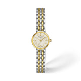 Tissot Lovely Round 19.5mm T140.009.22.111.00 front view – white mother-of-pearl dial, bicolour yellow gold PVD stainless steel case, faceted sapphire crystal, slim stainless steel bracelet
