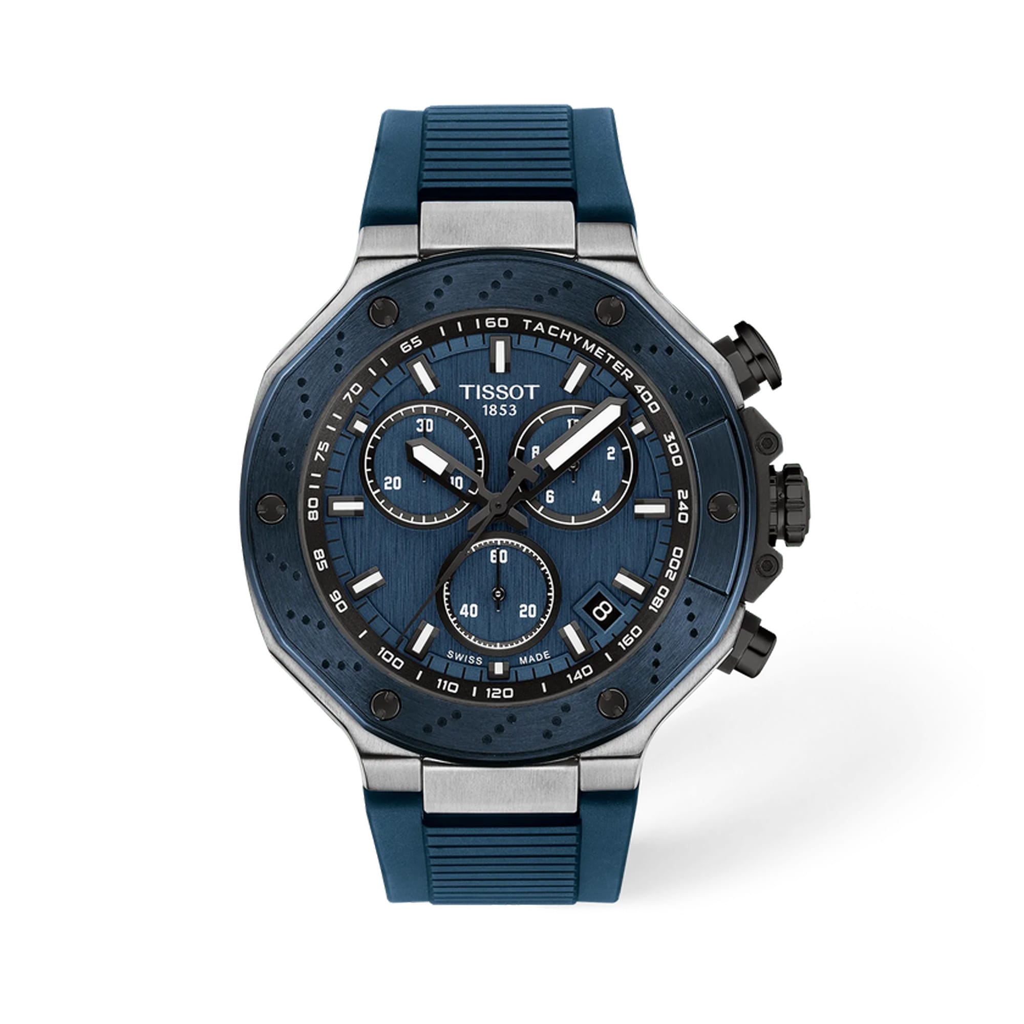 Tissot T-Race 45mm T141.417.27.041.00 front view – blue dial, black PVD stainless steel case, index hour markers, chronograph subdials, date window, blue silicone strap