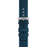 Tissot T-Race 45mm T141.417.27.041.00 strap detail – blue silicone strap with standard buckle and sport-inspired texture