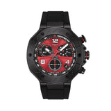 Tissot T-Race MotoGP 2026 45mm T141.417.37.422.00 front view – red dial, black PVD stainless steel case, Arabic numerals, chronograph subdials, date window, black silicone strap