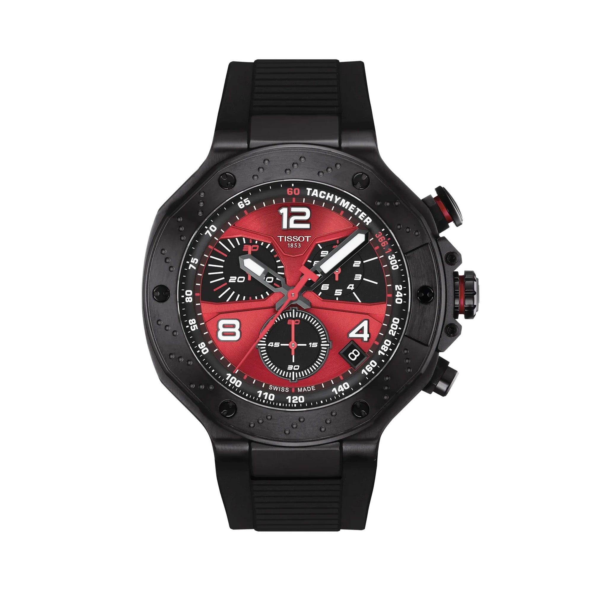 Tissot T-Race MotoGP 2026 45mm T141.417.37.422.00 front view – red dial, black PVD stainless steel case, Arabic numerals, chronograph subdials, date window, black silicone strap