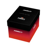 A limited edition Tissot MotoGP presentation box, featuring a black lid with white logos and a red-to-orange gradient base, shown on a plain white background.