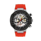 Tissot T-Race MotoGP 2026 45mm T141.462.27.051.00 front view – black skeleton dial, black PVD stainless steel case, brake-disc bezel, carbon composite bezel ring, red rubber strap