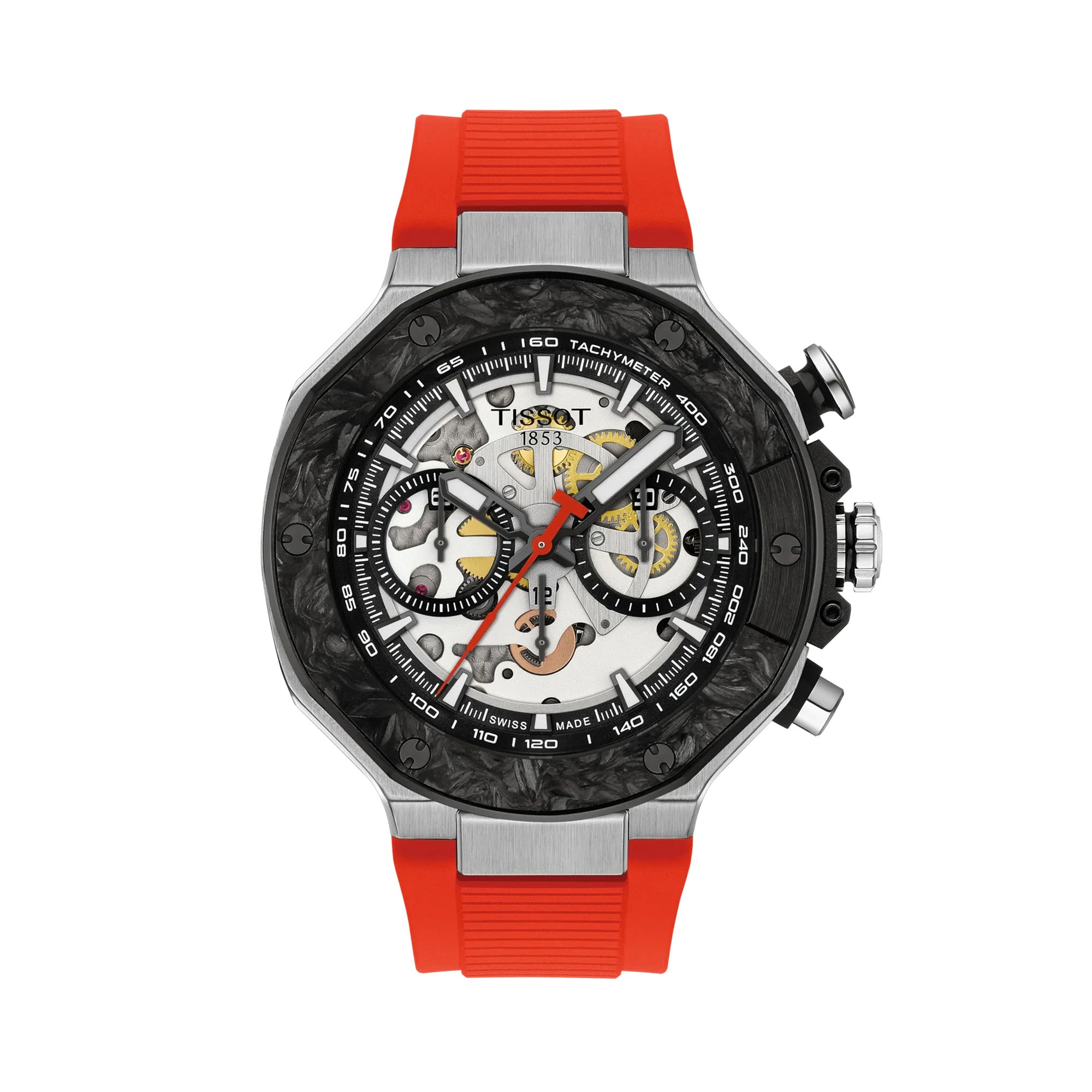 Tissot T-Race MotoGP 2026 45mm T141.462.27.051.00 front view – black skeleton dial, black PVD stainless steel case, brake-disc bezel, carbon composite bezel ring, red rubber strap